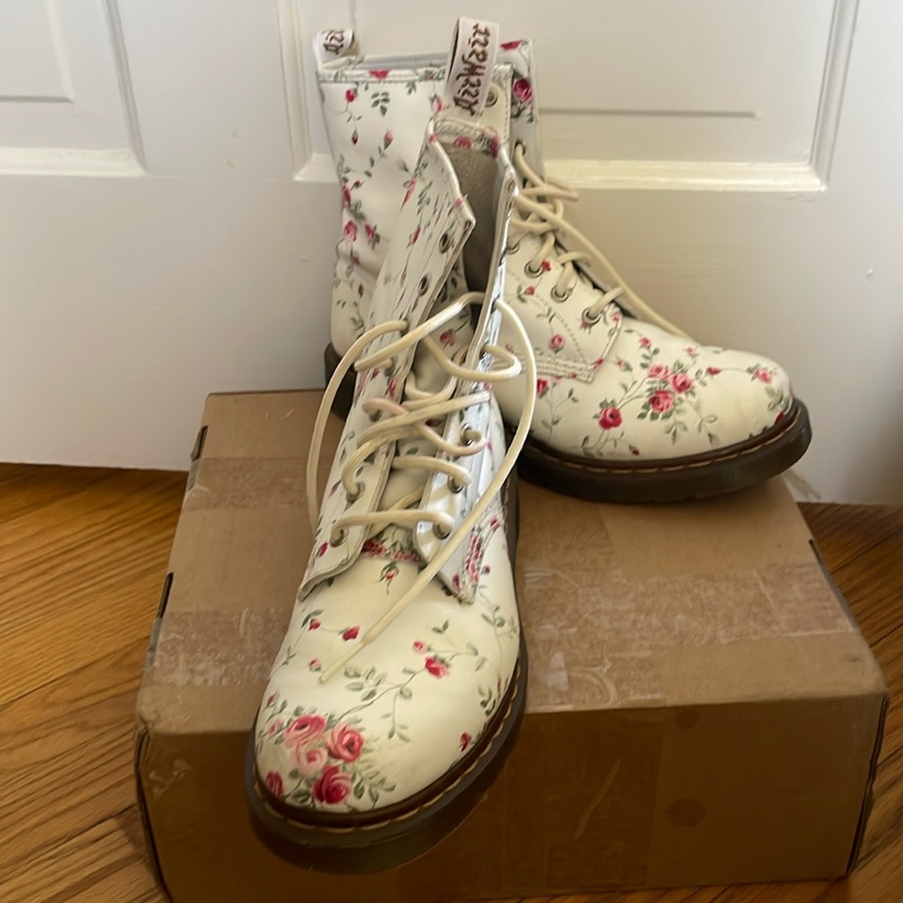 White Leather Floral Doc Martens